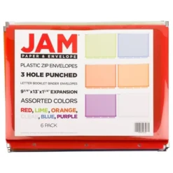 JAM Paper 6pk Plastic 3 Hole Punch Binder Envelopes With Zip Closure - Letter Booklet - 9 3/4 X 13 - Assorted -Office Supplies GUEST 57042d53 622a 46d4 8f9f 645dce495030