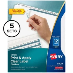 Avery Print & Apply Clear Label Dividers W/White Tabs 12-Tab Letter 5 Sets 11429