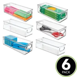 MDesign Small Plastic Office Storage Container Bin With Handles, 6 Pack - Clear