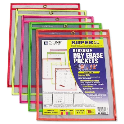 C-Line Reusable Dry Erase Pockets 9 X 12 Assorted Neon Colors 10/Pack 40810 1 C-Line Reusable Dry Erase Pockets 9 X 12 Assorted Neon Colors 10/Pack 40810