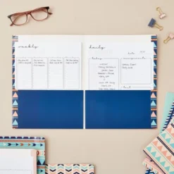 Blue Panda 12 Pack Geometric 2-Pocket Folders, Letter Size Decorative Folders With Pockets For Office, School, 6 Designs, 6 Solid Colors, 9.25 X 12